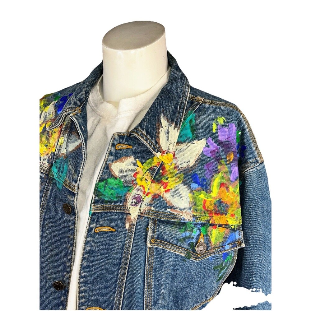 Vintage Sunbelt Hand Painted Color One of Kind Sz M Denim Jean Trucker Jacket